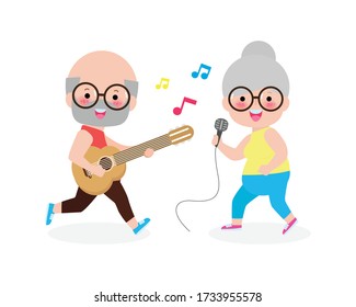 happy old man playing guitar and old woman singing, Cute senior couple Making Music Performance character cartoon isolated on white background vector illustration