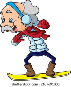 The happy old man is playing the ice boarding with the happy face of illustration