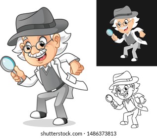 Happy Old Man Professor Detective Criminal Investigations with Glasses and Hat Holding Magnifying Glass Cartoon Character Design, Including Flat and Line Art Designs, Vector Illustration.