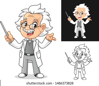Happy Old Man Professor with Glasses Holding a Pointer Stick Cartoon Character Design, Including Flat and Line Art Designs, Vector Illustration, in Isolated White Background.