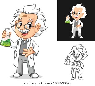 Happy Old Man Professor with Glasses Holding Potion in a Erlenmeyer Flask Cartoon Character Design, Including Flat and Line Art Designs, Vector Illustration, in Isolated White Background.
