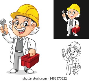 Happy Old Man Professor Mechanic with Glasses and Hard Hat Holding Wrench and Toolbox Cartoon Character Design, Including Flat and Line Art Designs, Vector Illustration, in Isolated White Background.