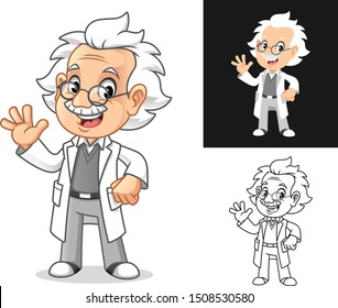 Happy Old Man Professor with Waving Hand Gesture Cartoon Character Design, Including Flat and Line Art Designs, Vector Illustration, in Isolated White Background.