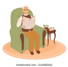 Happy old man reading newspaper on the chair. Happy senior in a cozy home environment. Colored flat vector illustration on white background