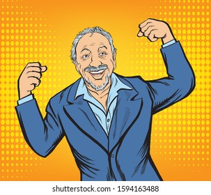 Happy old man showing power.Pop art vector illustration drawing,Comic book work style