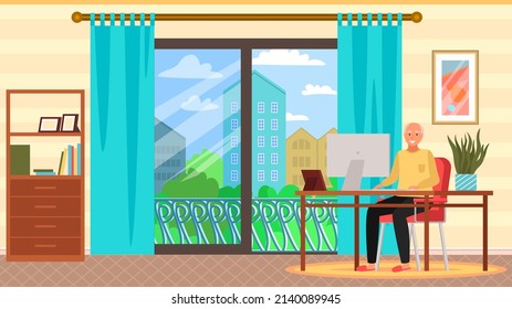 Happy old man sitting at desk with monitor. Elderly person has modern lifestyle with technology. Senior spends time with computer at home. Retired male character surfing Internet using computer