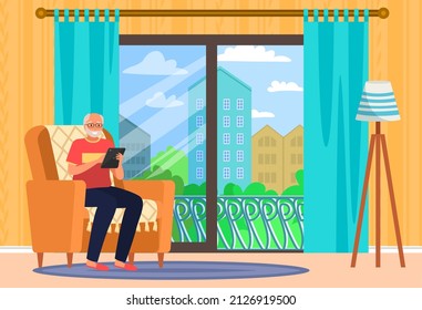 Happy old man sitting on armchair with tablet. Elderly person has modern lifestyle with technology. Senior spends time with electronic gadget at home. Retired male character surfing Internet