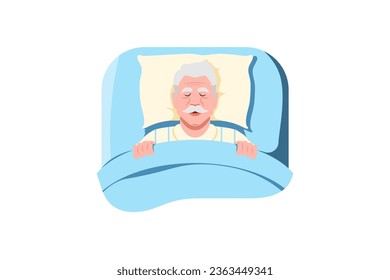 Happy old man sleeping on bed, Vector illustration.