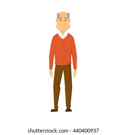 Happy old man stands. Smile elderly senior vector illustration. Cartoon adult male character. Successful grandfather.