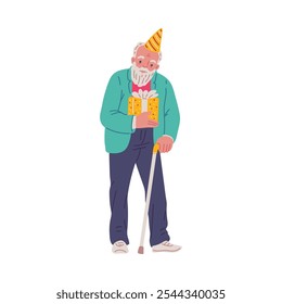 Happy old man with stick in festive hat holds gift box. Cartoon grandfather celebrate birthday. Elderly man enjoy holiday feel positive and optimistic. Vector flat character active old age isolated