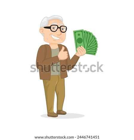 Happy old man thumbs up holding dollar bills. Old man with money.Flat, Vector, Illustration, Cartoon, EPS10.