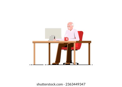 Happy old man using computer with red mug on isolated background, Vector illustration.