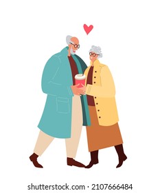 Happy Old Man , Woman Embracing,Hugging.Loving Elderly Couple drink coffe,Romantic Relations.Aged Characters Dating,Seniors Love,Connection,Romance Feelings Concept.Cartoon People Vector Illustration