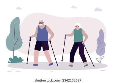 Happy old man and woman hiking training. Active seniors healthy lifestyle. Elderly people nordic walking, open air workout with sticks. Aged couple outdoor sport. flat vector Illustration
