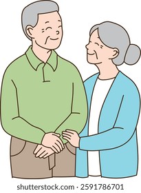 The happy old man and the old woman are laughing together. minimal line art vector illustration.