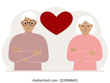 Happy old man and old woman next to a big red heart. Vector flat illustration of love.