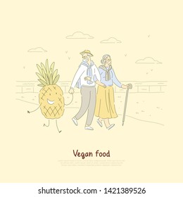 Happy old man and woman on walk, seniors couple holding hands with smiling pineapple, vegetarian food banner