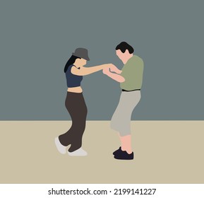 Happy old mature man and woman dancing on street. Entertaining together outdoor activity on holiday vacation.