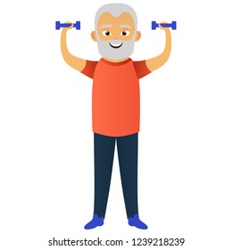 Happy old men dressed in sports clothing doing fitness exercises with dumbbells. Cute grandfather. Active elderly man. Cartoon character. Vector illustration
