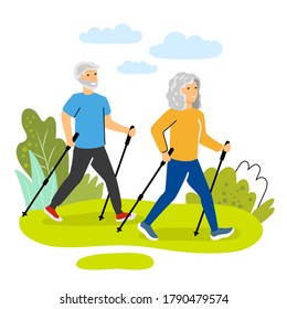 Happy old men and women couple performing nordic walking Flat cartoon characters Vector illustration concept. Healthy outdoor activity for elderly people