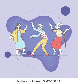 Happy old people dancing flat vector illustration. Cartoon grandfather and grandmothers enjoying music. Entertainment, party, retirement, old age concept