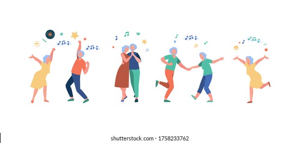 Happy Old People Dancing Isolated Flat Vector Illustration. Cartoon Senior Grandfathers And Grandmothers Having Fun At Party. Music And Dancing Club Concept