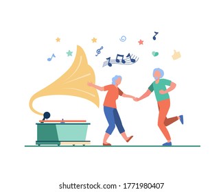Happy old people dancing isolated flat vector illustration. Cartoon funny active elderly couple having fun together. Party, lifestyle and entertainment concept