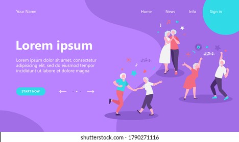 Happy old people dancing isolated flat vector illustration. Cartoon senior grandfathers and grandmothers having fun at party. Music and dancing club concept