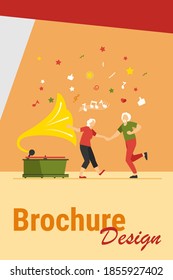 Happy old people dancing isolated flat vector illustration. Cartoon funny active elderly couple having fun together. Party, lifestyle and entertainment concept