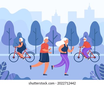 Happy old people doing sport in city park. Flat vector illustration. Active elderly men and women exercising outdoors, riding bikes, jogging. Healthy lifestyle, retirement, sport, nature concept