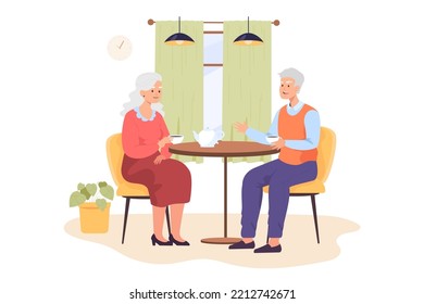 Happy Old People Drinking Tea Together At Cafe. Senior Couple On Date, Elder Person Drinking Coffee With Husband Flat Vector Illustration. Family, Old Age Concept For Banner Or Landing Web Page