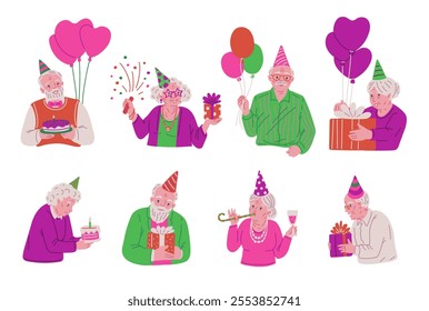 Happy old people in festive hat with gift boxes, balloons or birthday cake. Cartoon grandparents celebrate birthday. Seniors enjoy anniversary or holiday. Vector flat characters set isolated