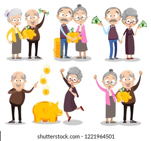 Happy old people with gold piggy bank set. Grandparents celebrating financial success. Successful rich pensioners holding dollar banknotes and stack of big gold coins. Pension fund vector illustration