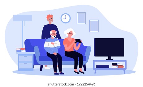 Happy old people playing video game at home. Joystick, fun, leisure flat vector illustration. Entertainment and retirement concept for banner, website design or landing web page