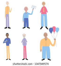 Happy old people standing in different poses. Vector drawing of happy old men. Set of elderly men. Flat minimal design style