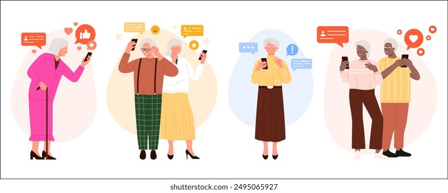 Happy old people using phones for chat with family and friends set. Elder man and woman talking in messages, grandma with walking stick and retired grandpa giving likes cartoon vector illustration