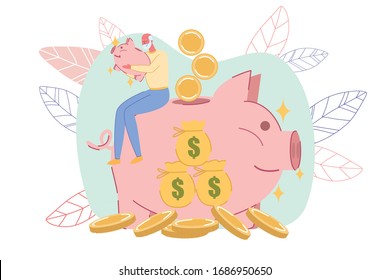 Happy Old Retired Senior Man with Pig Money-Box Sitting on Huge Piggy-Bank. Money Savings for Future. Earning and Retirement. Pension Plan and Banking. Superannuation Vector Illustration