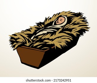 Happy old retro scenic white barn greet card text space. Line black hand drawn cute merry Lord messiah  night noel life. Wood trough feeder scene logo picture sketch joy ancient israel story art style