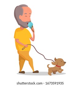 Happy Old Senior Man Is Walking With His Dog And Eating Ice Cream. Aged Grey Haired Man. Cartoon Character. Flat Style Modern Vector Illustration Isolated On White Background. 