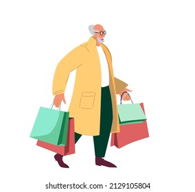 Happy old Stylish man hold a lot of shopping bags.Fashion Pensioner shopper,purchases in hands.Buyer after sale.Fashionable customer carry many packs.Flat vector illustration isolated,white background