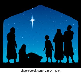 Happy old symbol night scene on white sky greet card text space. Dark black hand drawn merry jew Lord messiah starry night belief history icon sign logo picture in joy ancient art retro biblic story