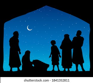 Happy old symbol night scene on blue star sky greet card text space. Dark black hand drawn merry jew Lord messiah moon night belief history icon sign logo picture in joy ancient art retro biblic story