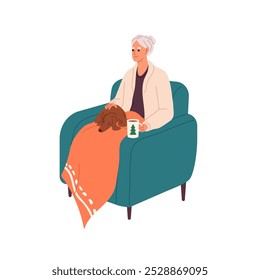 Mujer vieja feliz con la manta se sienta en el sillón. La señora mayor se relaja con el perro divertido en sus rodillas. La abuela descansa con una taza de bebida caliente de Navidad. Ilustración vectorial aislada plana sobre fondo blanco