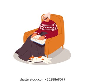 Happy old woman with cat sits in armchair. Senior lady with blanket relaxes, reads book. Granny has a rest with pet and stories, novels, tales. Flat isolated vector illustration on white background