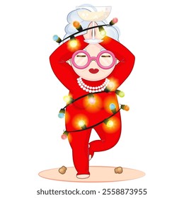 Happy old woman in Christmas lights making yoga with champagne. Funny New Year yoga. White background. Illustration for poster, banner, flyer, party invitation, postcard, t-shirt print, greeting card