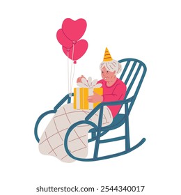 Happy old woman in festive hat with gift box and balloons heart shape sitting in rocking chair under the blanket. Vector cartoon grandmother celebrate birthday. Elderly woman enjoy anniversary