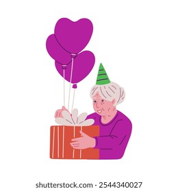 Happy old woman in festive hat with gift box and balloons heart shape. Vector cartoon grandmother with present celebrate birthday. Elderly woman enjoy anniversary holiday