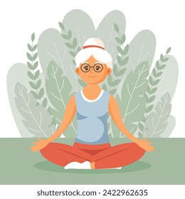 Happy old woman grandmother goes in for sports, yoga, walks. An elderly woman is exercising. Flat illustration in cartoon style, vector