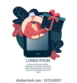 Happy Old Woman Grandmother Holding Huge Gift Box Present Send Parcel from Mobile App Smartphone . Happy New Year and Christmas. Internet post help Congratulate friends Online Flat vector illustration