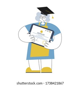 Happy old woman holding digital certificate on a tablet. Online education for elderly people. Lifelong learning concept.